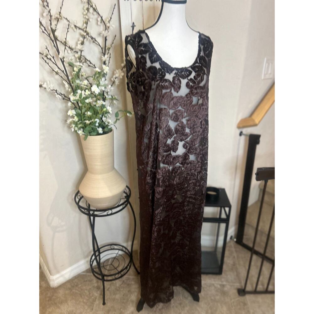Brown Leaf-Pattern Sheer Swim Coverup Dress - Picture 3 of 9